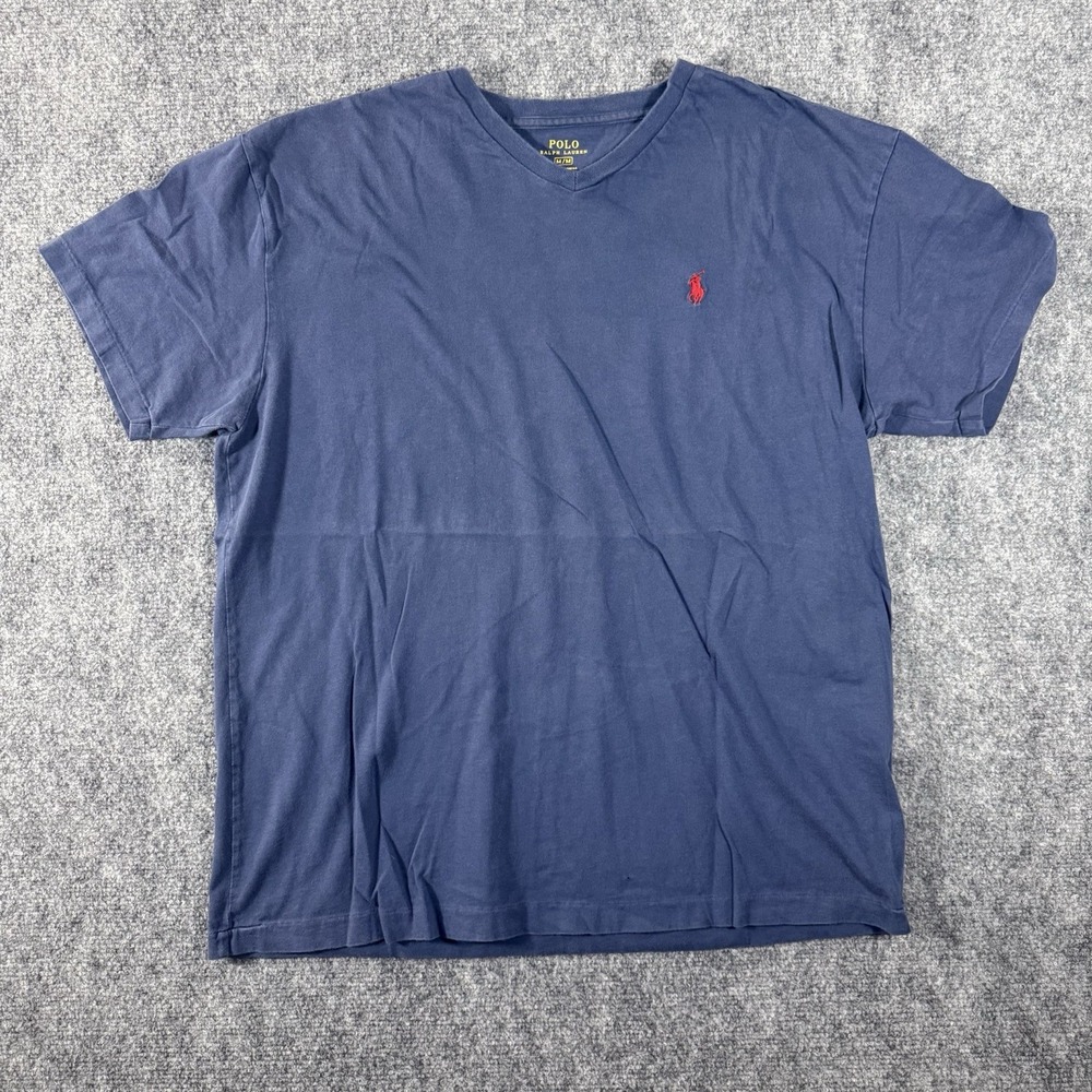 Polo Ralph Lauren Shirt Men M Blue V Neck Short Sleeve Logo Cotton Single Stitch